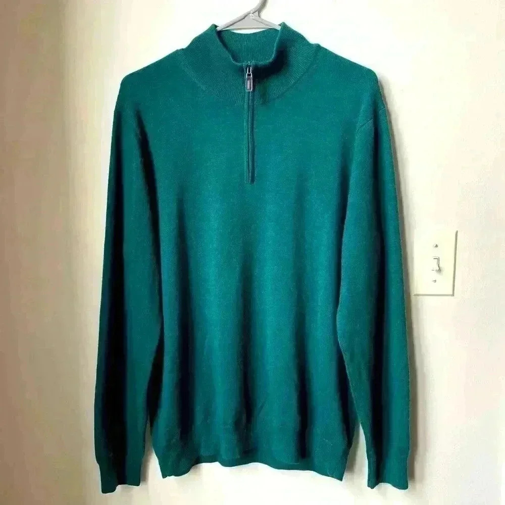 Men’s Jos. A. Bank Half-Zip Sweater - 100% Merino Wool, Large, Blue-Green